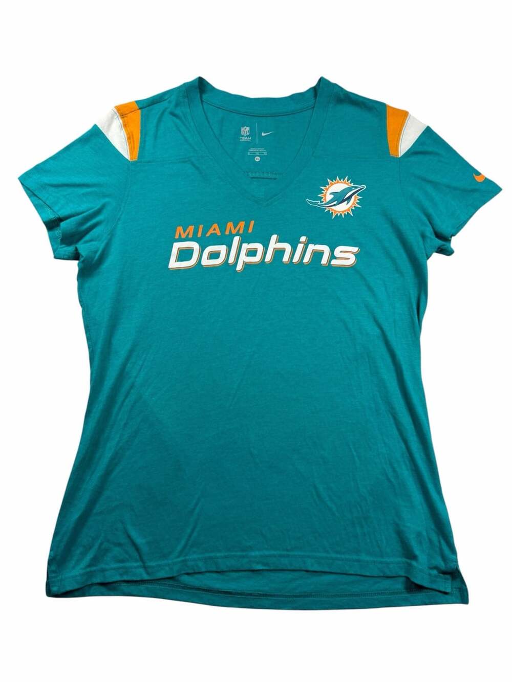 Nike Miami Dolphins T Shirt Womens XL Aqua V Neck NFL Football Logo Tee